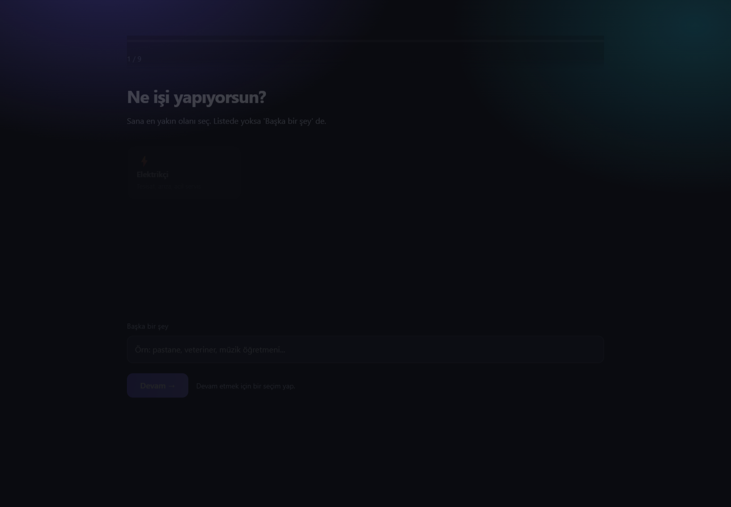 Üretimden önce kullanıcının iş ve site tercihlerini toplayan soru ekranı.